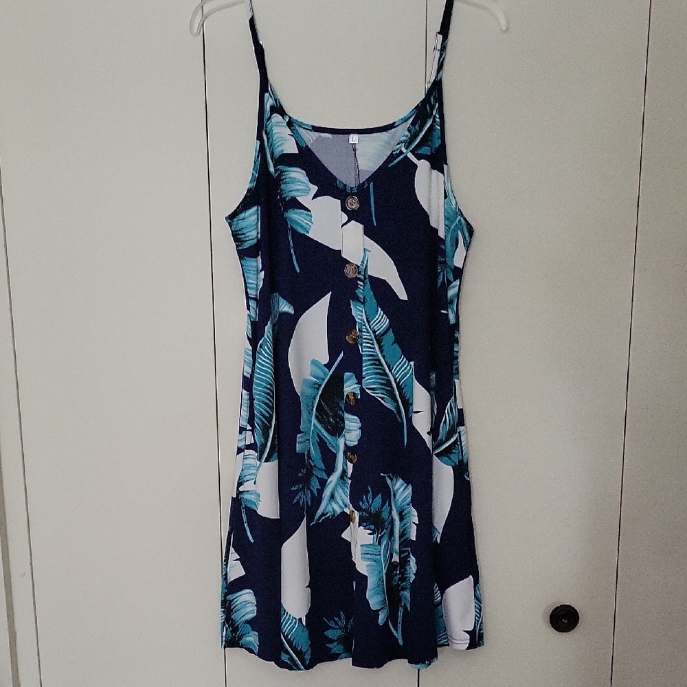 Navy Tropical Print Button-Front Slip Dress
